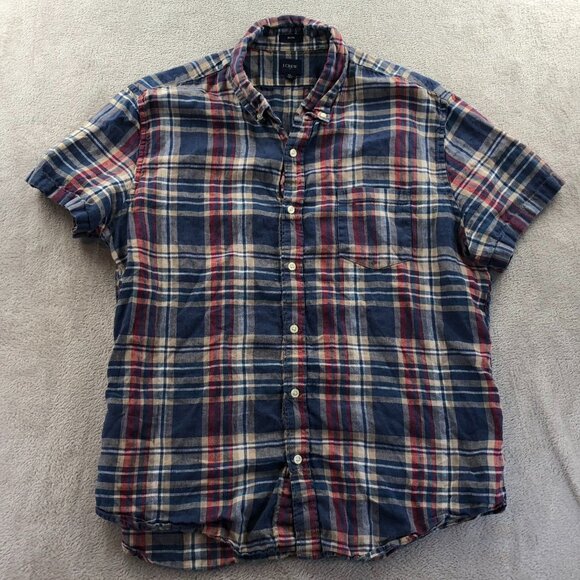 J.Crew Mens Shirt Size XL Short Sleeve Slim Fit Plaid Button Down Linen Blend - Picture 10 of 11